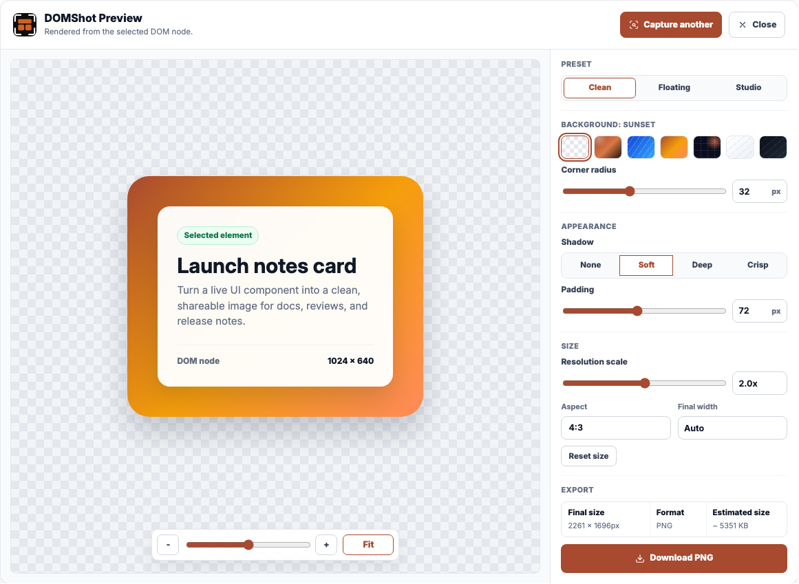 DOMShot Preview showing a selected webpage card prepared for PNG export.