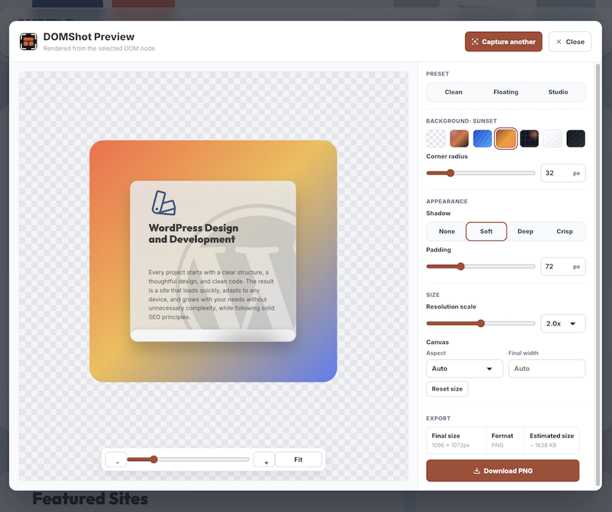 DOMShot preview window with controls for background, spacing, shadow, size, and download.