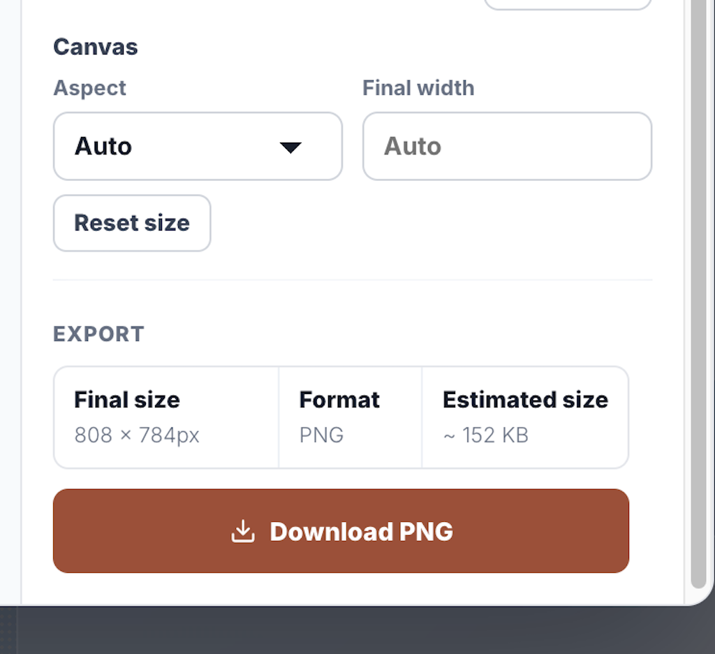 DOMShot download area showing PNG size and the Download PNG button.