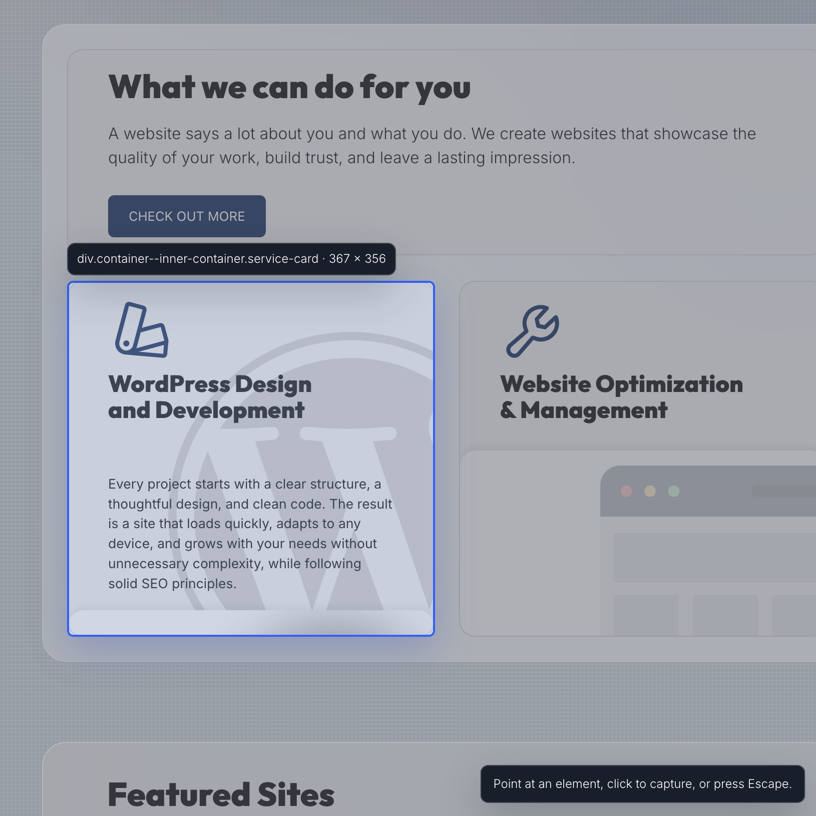 DOMShot highlighting a selected card on a webpage.